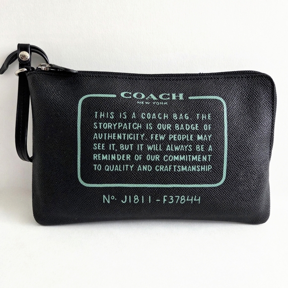Coach Handbags - Coach Black Zippered Pouch With Large Teal Story Patch & Wrist Strap W/Snap